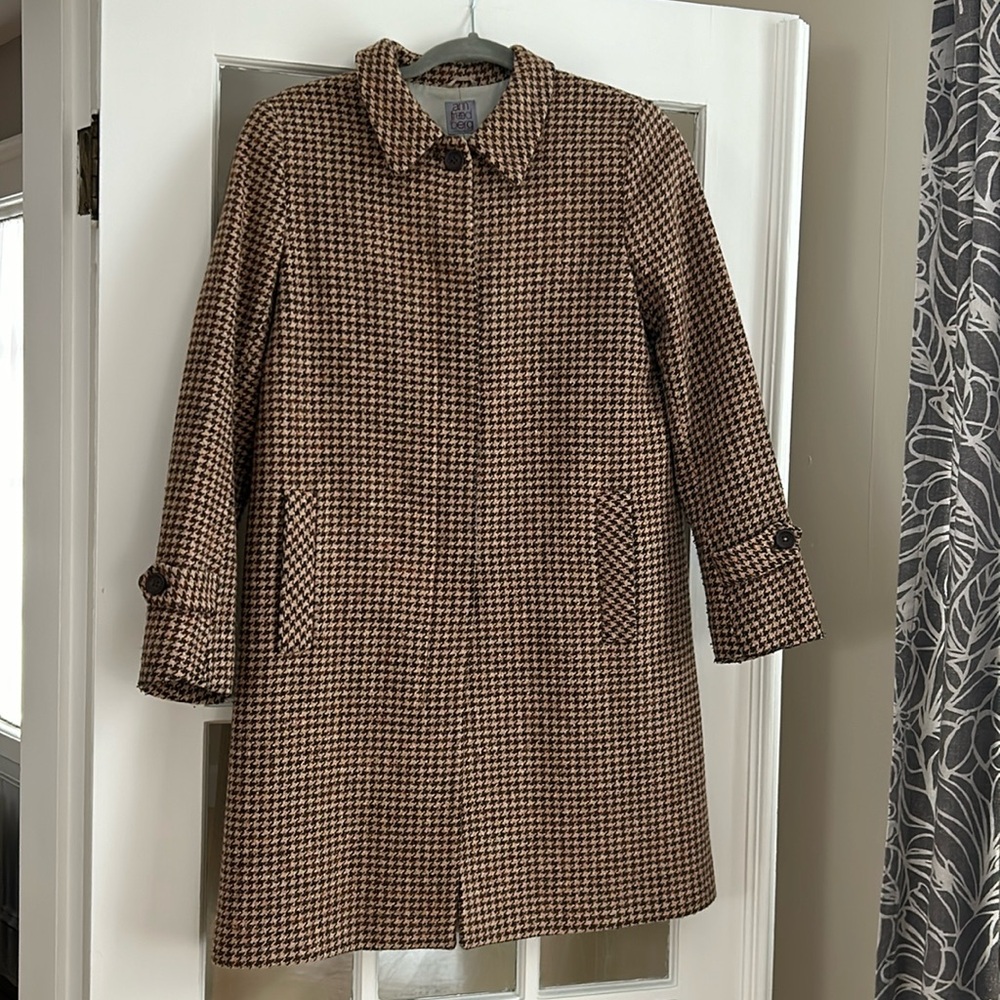 Ann Freedberg vintage wool coat in brown and camel houndstooth.